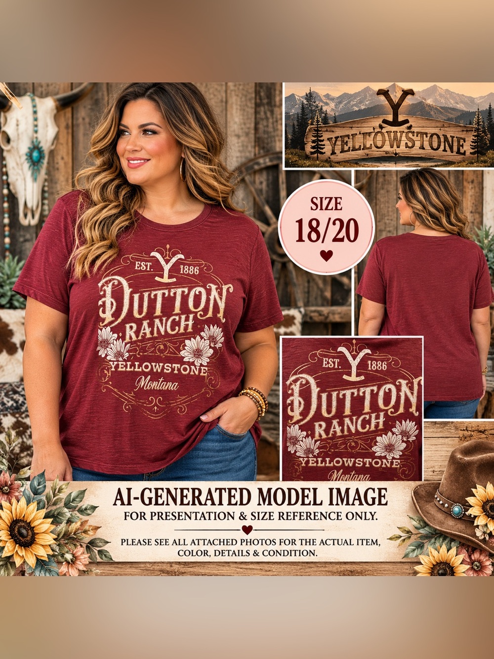 Yellowstone Dutton Ranch Montana Floral Graphic Tee Size 18/20